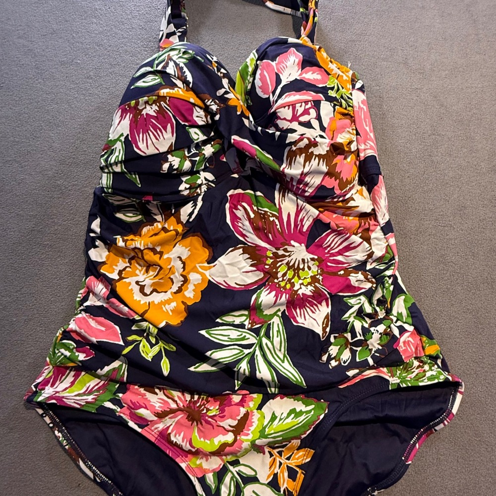 Anne Cole Asymmetric Floral One Piece Swimsuit Teal Pink 18W NEW - Picture 2 of 6